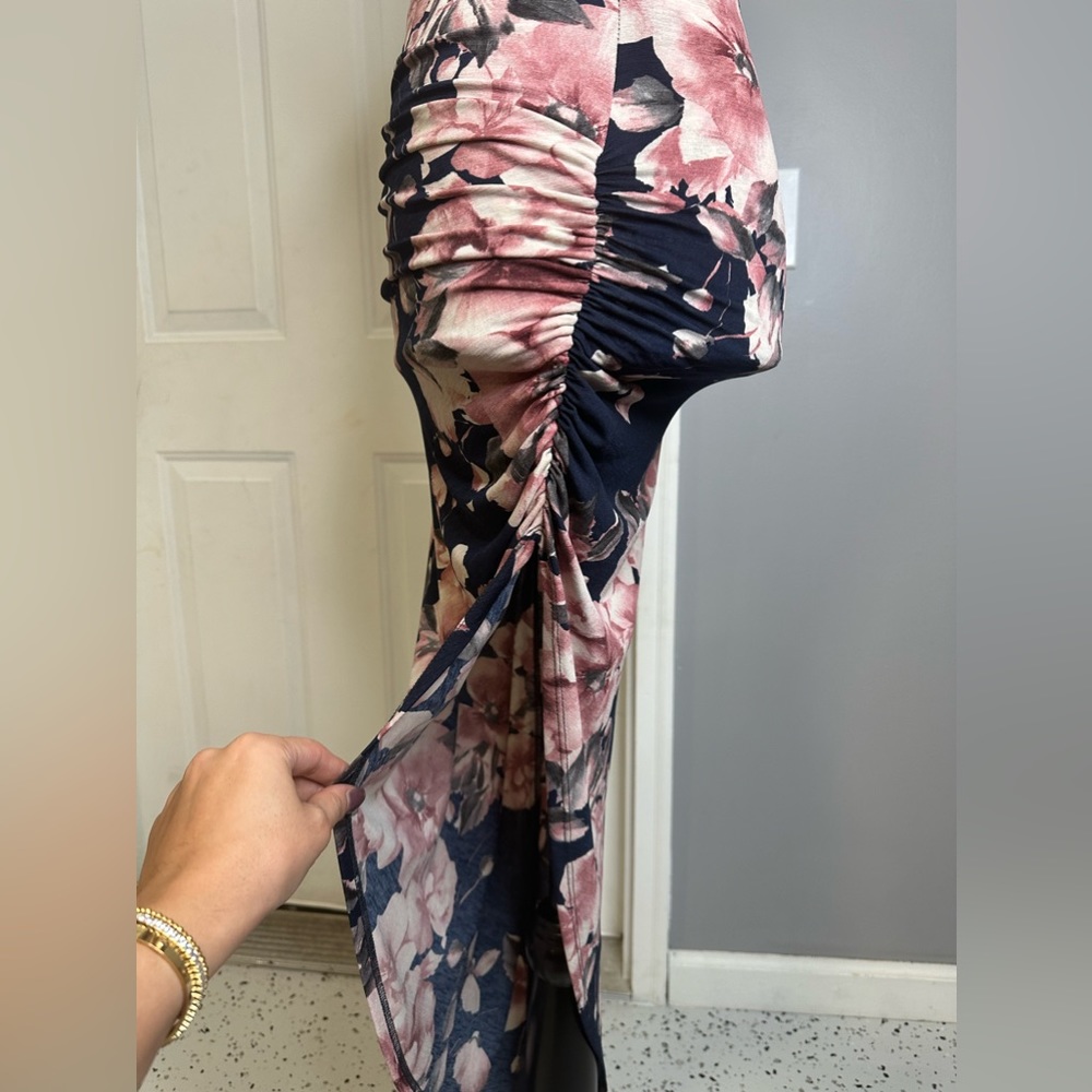 Windsor Navy Floral Midi Dress with Pink Blossoms - Picture 2 of 4